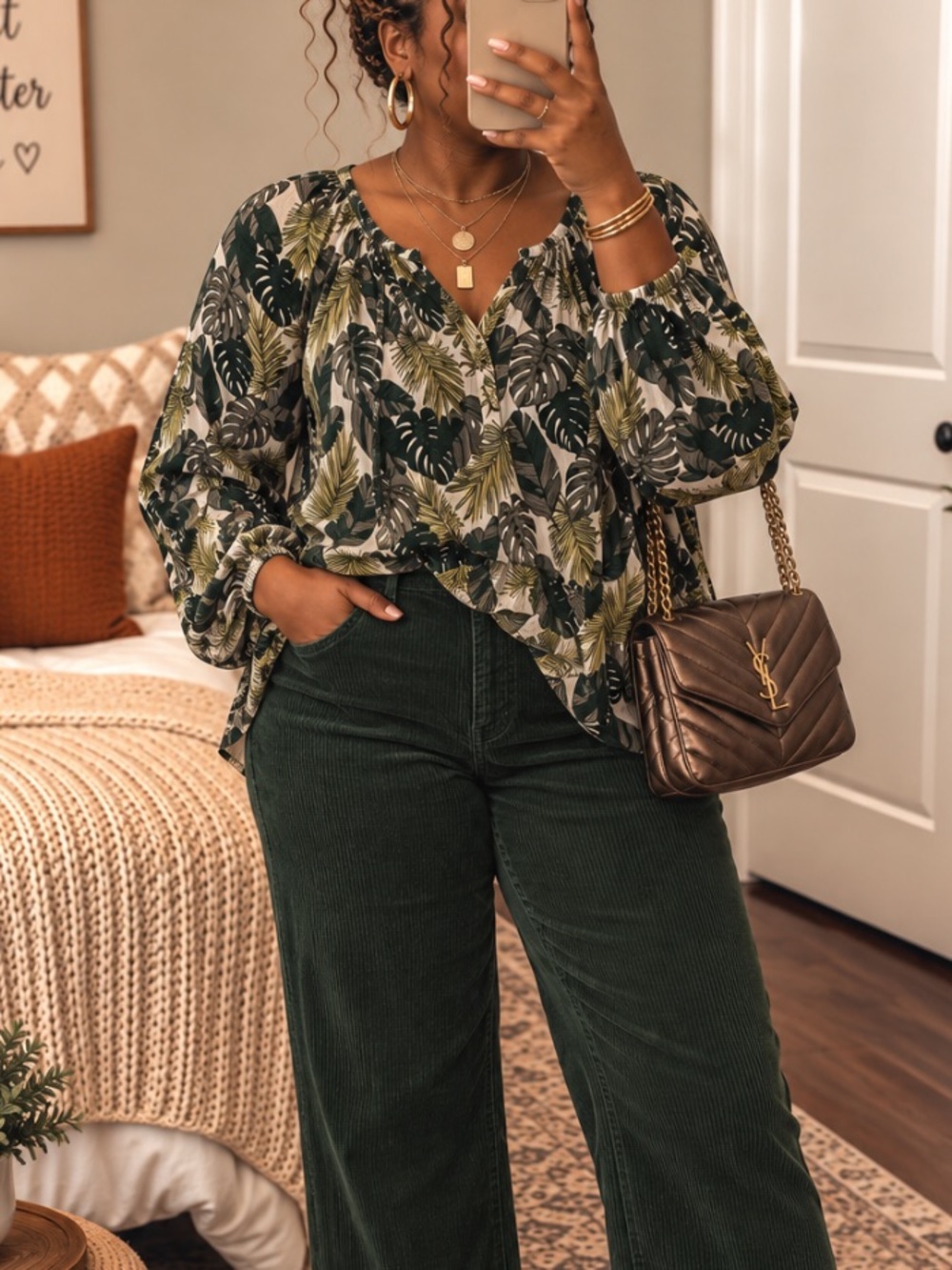 Cute Fall Top Green Leaf Print Long-Sleeve V-Neck Top